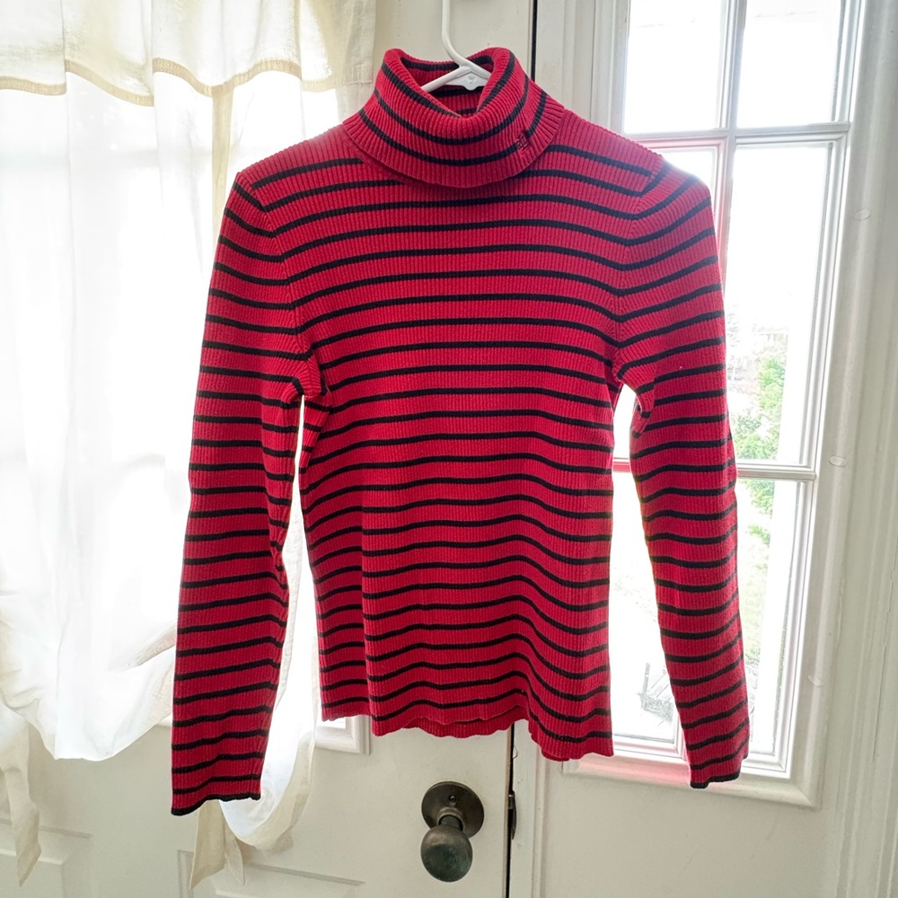 Ralph Lauren Red and Black Striped Turtleneck Sweater ~ Large